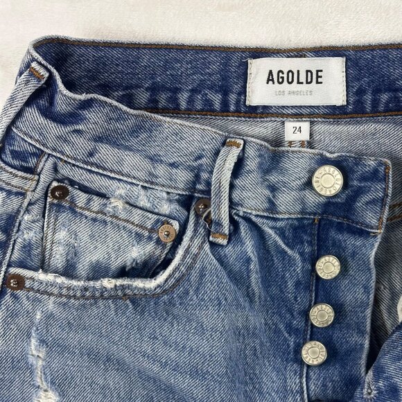 Agolde Vintage-Style Denim Distressed High-Rise Button-Fly Cutoff Shorts Size 24 - Picture 3 of 10